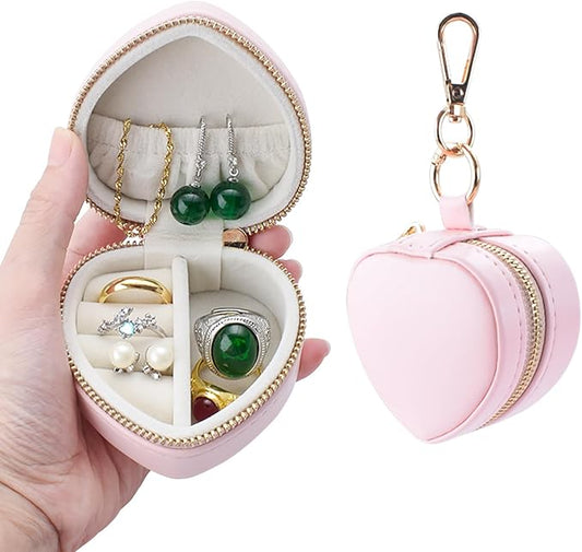 Heart Shape Ring Holder Keychain, Mini Travel Jewelry Case for Wedding Ring, Sports & Vacation, Portable Zipper Clutch Organizer for Earrings Necklace, Premium Gift for Women Girls (Pink) by Unknown