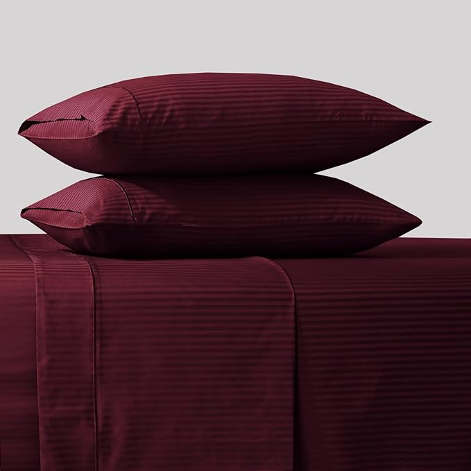 Feather & Stitch 500 TC Queen Size Damask Bed Sheet Set, 100% Cotton Soft Breathable Bedsheets, 4 Piece 18" Deep Pockets Sateen Weave Striped Bedding Mattress Resort Hotel Luxury- (Burgundy Stripe)