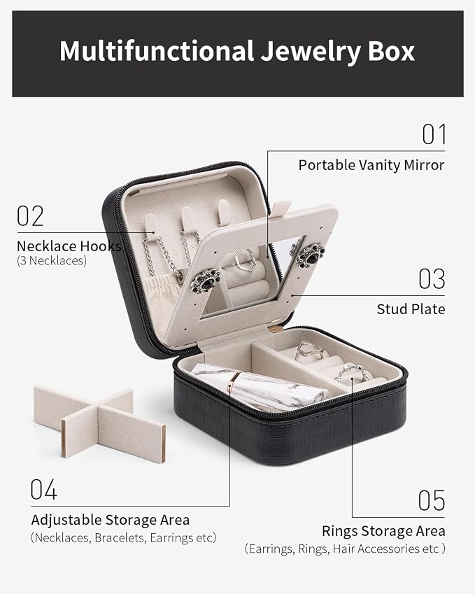 VLANDO Travel Jewelry Case, Mothers Day Mom Gifts, Small Jewelry Travel Organizer Box for Girls Women with Mirror Black - Image 3