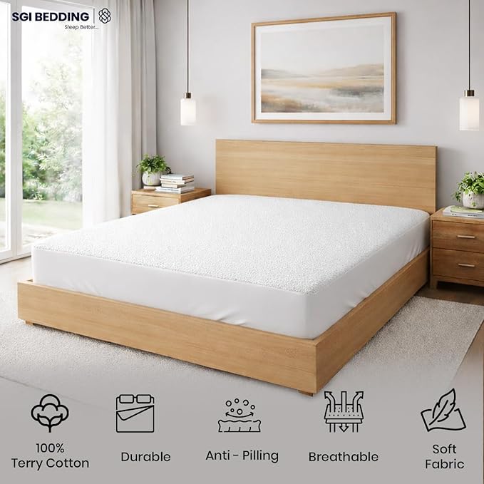 SGI Bedding Waterproof 60X80 Queen Mattress Protector – 15" Deep Pocket, Soft Noiseless & Breathable Fitted Style Bed Cover, Skin- Friendly Protection Against Moisture, Spills & Stains – White