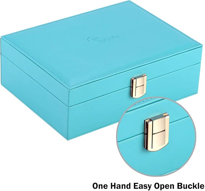 Voova Jewelry Box Organizer for Women Girls, 2 Layer Large Men Jewelry Storage Case, PU Leather Display Jewellery Holder with Removable Tray for Necklace Earrings Rings Bracelets, Gift, Teal/Lake Blue - Image 5