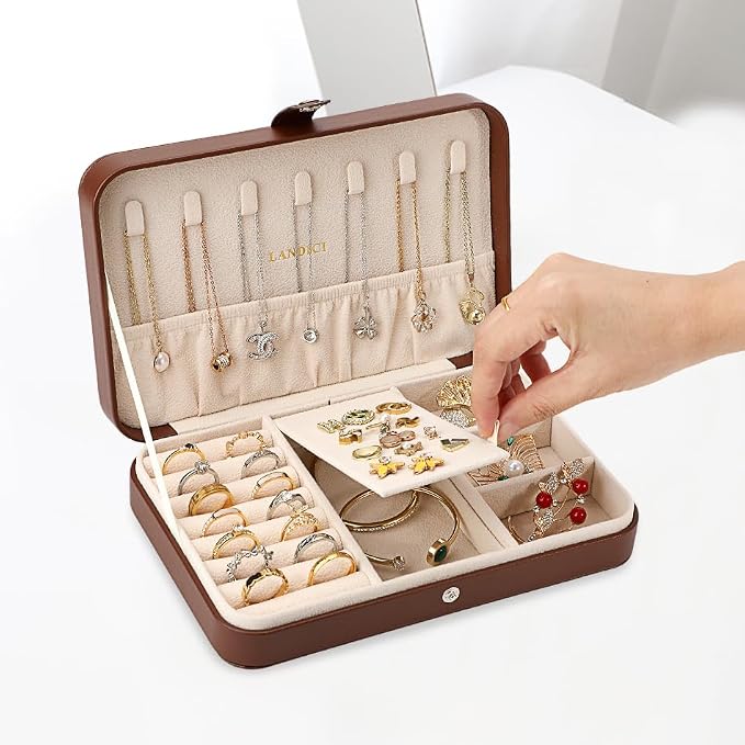 LANDICI Small Jewelry Box for Women Girls, PU Leather Travel Jewelry Case, Portable Jewelry Organizer Storage Holder Display for Ring Earrings Necklace Bracelet Bangle Men Kids Gift, Coffee - Image 5
