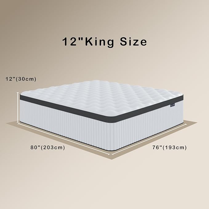 King Mattress, 12 Inch King Size Hybrid Mattresses with Memory Foam and Individual Pocket Spring for Motion Isolation, Pressure Relief, Medium Firm Mattress in a Box, 76 * 80 * 12