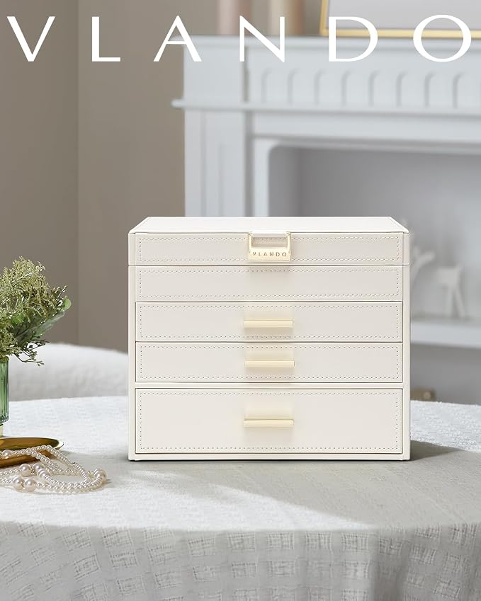 VLANDO 4 Layer Large Jewelry Box - Jewelry Holder Organizer, Jewelry Box Organizer for Drawer Necklace Ring Bracelet and Watch, Birthday Gift for Loved Ones - Beige - Image 2