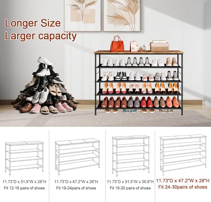 INGIORDAR Shoe Rack Organizer 5 Tier Metal Organizer Shelf with Industrial MDF Board and Layer Fabric for Entryway Closet Bedroom Living Room Garage (Black+Rustic Brown, 5 Tier(47.2" W)) - Image 4