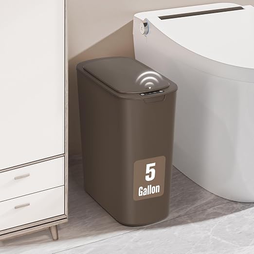 Cesun Bathroom Trash Can with Lid, 5 Gallon Motion Sensor Trash Can, Small Automatic Garbage Can, Touchless Smart Plastic Slim Wastebasket for Bedroom, Office, rv, Living Room, Brown by Cesun