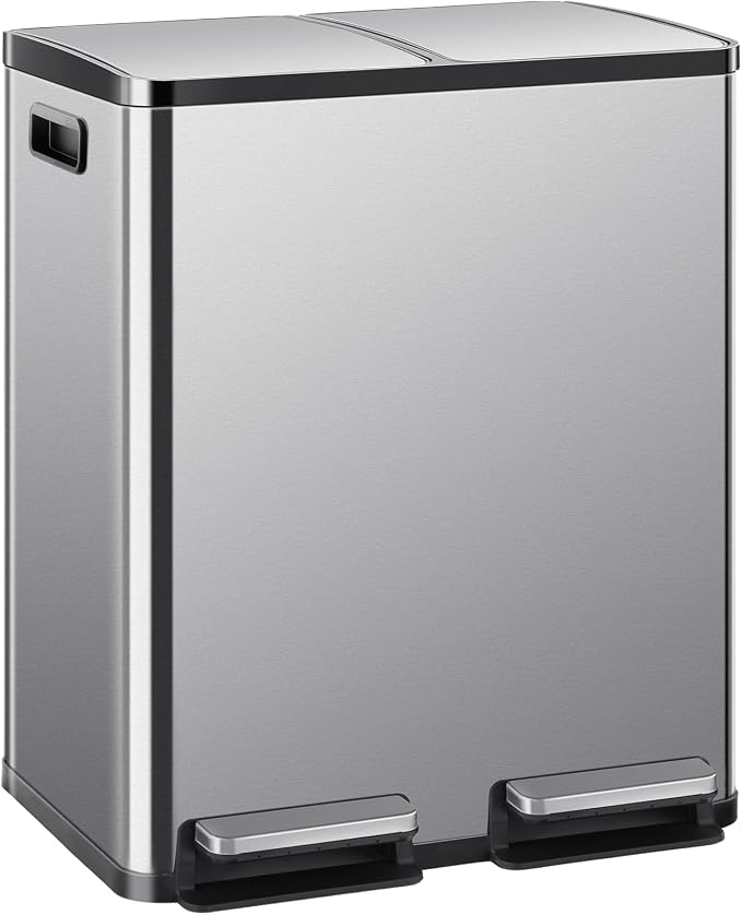 DUMOS Kitchen Trash Can, 2×8-Gallon Garbage Can with Lid, Stainless Steel Trash Bin with 2 Removable Inner Buckets, Soft-Close Foot Pedal, Fingerprint-Resistant for Kitchen Home Office by DumosLifestyle