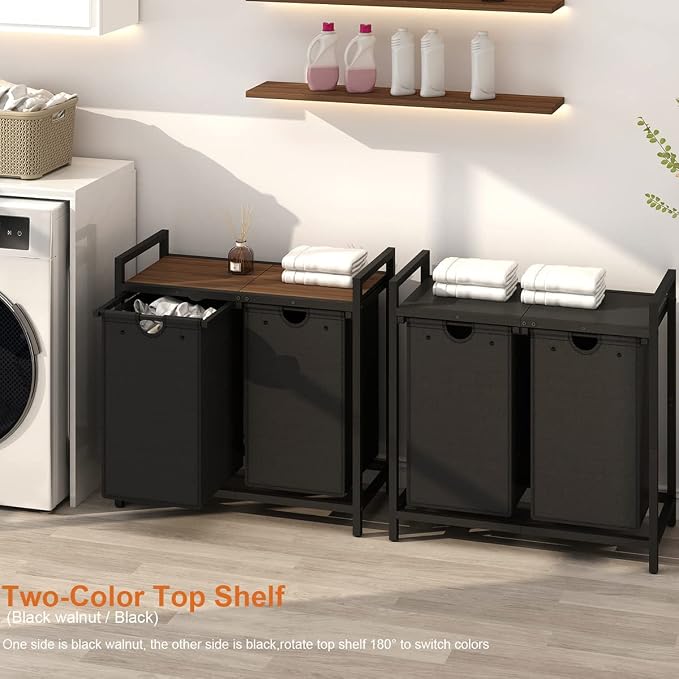 LAATOOREE Laundry Hamper, Two-Color 2 × 48L Laundry Basket with 2 Removable Laundry Sorter Bags and Top Shelf, Clothes Hamper for Laundry Room, Bathroom - Image 2