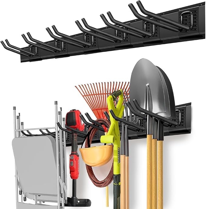 PIYILO Garage Organization, Garage Wall Organizer with 48 inches Rails and 6 Hooks, Tool Organizers Heavy Duty, Shovel Holder Wall Mount Max Load 360 LBS, Sturdy Garden Tool Rack for Folding Chairs by PIYILO