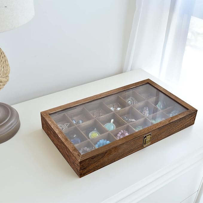 MOOCA Wooden Jewelry Display and Beads Display Storage Case with Tempered Glass Lid , 18 Compartments, 15" W x 8 3/8" L x 2 1/8" H, Brown Color - Image 7