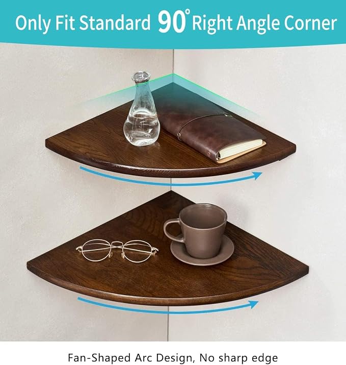 Corner Shelves, Floating Corner Shelf, Set of 2 16inch Solid Oak Wood Corner Wall Shelves, Round End with Wire Hole for Small Plant for Bedroom Kitchen, Living Room - Image 2