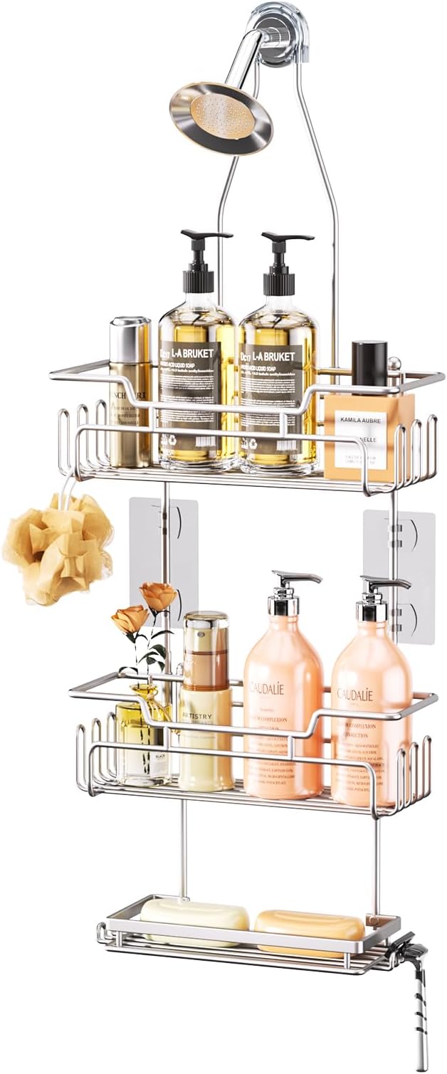 SWTYMIKI Bathroom Shower Caddy Hanging - 3 Tier Rustproof Over Shower Head Organizer, No Drilling Bathroom Shelf with 16 Hooks & Soap Holder, Anti-Swing Rack, Sand Nickel by SwtyMiki-TidyHomeSweetLife