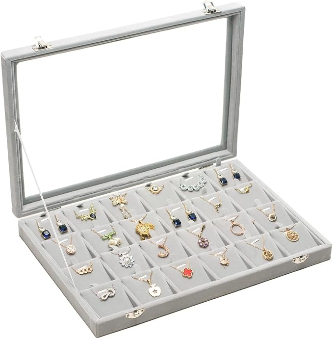 Jewelry Box Necklace Organizer Tray (Grey) Necklace Display Case for Storage Jewelry Display Stand 24 Slot Pendant Holder for Women - Image 8