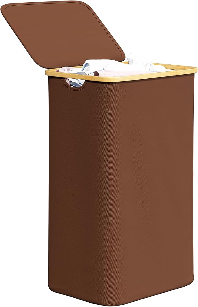 SpaceAid Laundry Hamper with Lid, 110L Large Tall Clothes Basket Bin with Bamboo Handles, Collapsible Laundry Hamper for Bedroom, Bathroom, Dorm, Laundry Room - Brown by SpaceAid