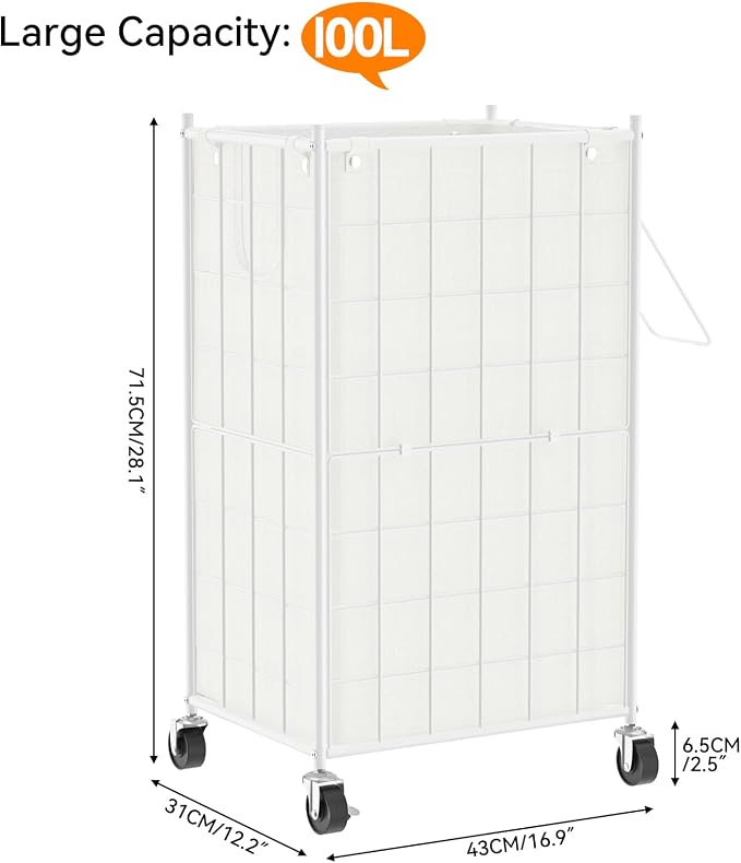 WOWLIVE Laundry Hamper with Wheels,Metal Wire Frame Rolling Laundry Basket with Removable bag,100L Dirty Clothes Hamper Organizer Dorm Room Storage for Bedroom,Bathroom,White - Image 4