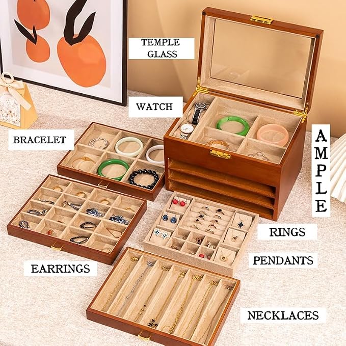 Walnut Wood Jewelry Box, 4-Tier Soild Wood Jewelry Box with 3 Drawers Large Storage Lockable Jewelry Organizer with Glass Lid Christmas Gifts for Necklaces Rings Earring Watches Bracelets - Image 4