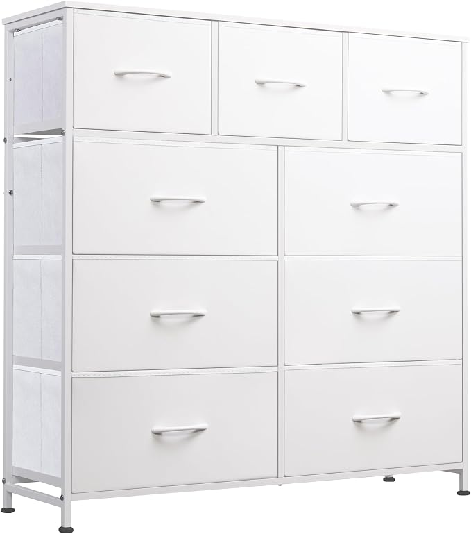WLIVE 9-Drawer Dresser, Fabric Storage Tower for Bedroom, Hallway, Closet, Tall Chest Organizer Unit for Bedroom with Fabric Bins, Steel Frame, Wood Top, Easy Pull Handle, White by WLIVE