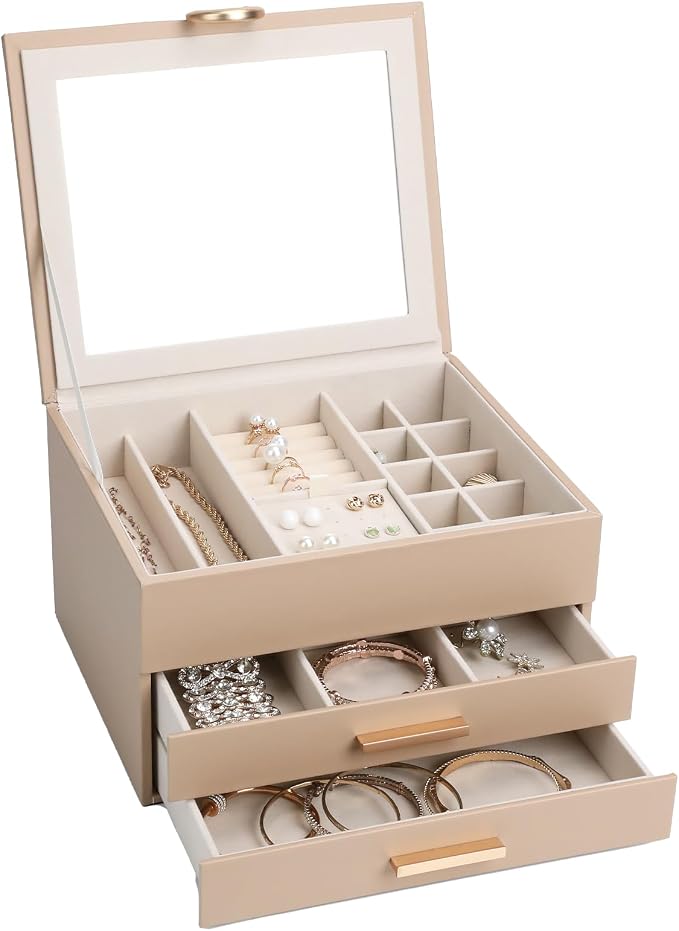 Elegant Gift Jewelry Box with Mirror - 3-Layer Organizer for Earrings, Rings, Necklaces, Ready to Give for Birthday Anniversary Christmas Apricot - Image 2