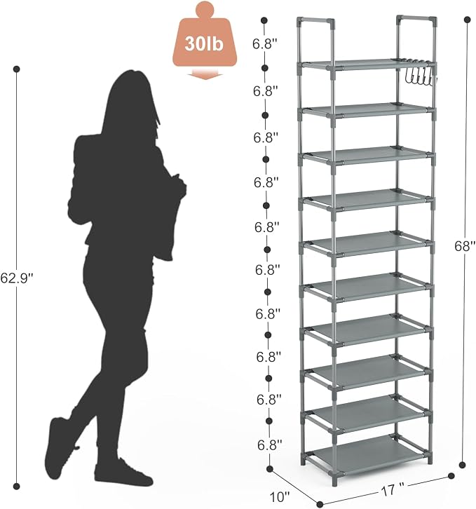 LANTEFUL 10 Tiers Tall Shoe Rack 20-25 Pairs Boots Organizer Storage Sturdy Narrow Shoe Shelf for Entryway, Closets with Hooks, Grey - Image 3