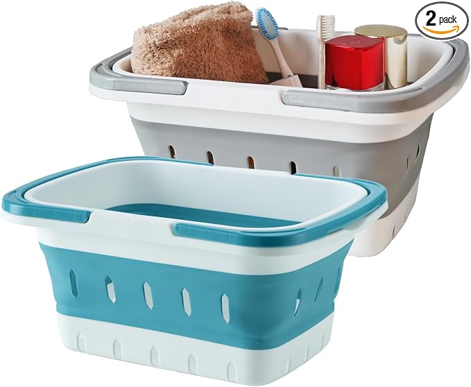 Portable Folding Plastic Bath Shower Caddy with Handle 2 Pack, Perforated, Collapse Travel Bathroom Organizer for Bedroom, College, Shower, Dorm Room, Camping and RV Use (Grey/Blue, 2 pack) by Unknown