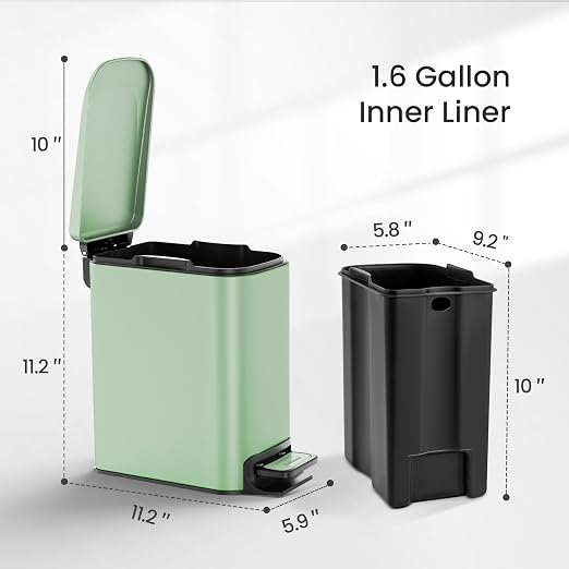 Cesun Small Bathroom Trash Can with Lid Soft Close, Step Pedal, 6 Liter / 1.6 Gallon Stainless Steel Garbage Can with Removable Inner Bucket, Anti-Fingerprint Finish (Matt Green) - Image 6
