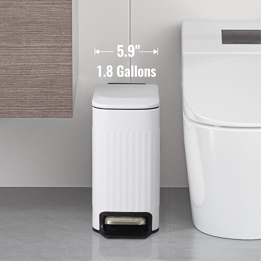 SYNCVIBE Slim Bathroom Trash Can with Lid Soft Close, Stainless Steel Garbage Can Step Trash Bin with Removable Inner Bucket for Bedroom, Office, Kitchen (Matt White, 1.8 Gallons) - Image 2