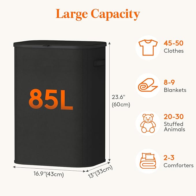 Lifewit 85L Large Laundry Basket with Lid, Laundry Hamper with Plastic Handles and Removable Bag, Foldable Tall Dirty Clothes Hampers for Laundry for Laundry Room, Bedroom, Bathroom, Dorm, Black - Image 3
