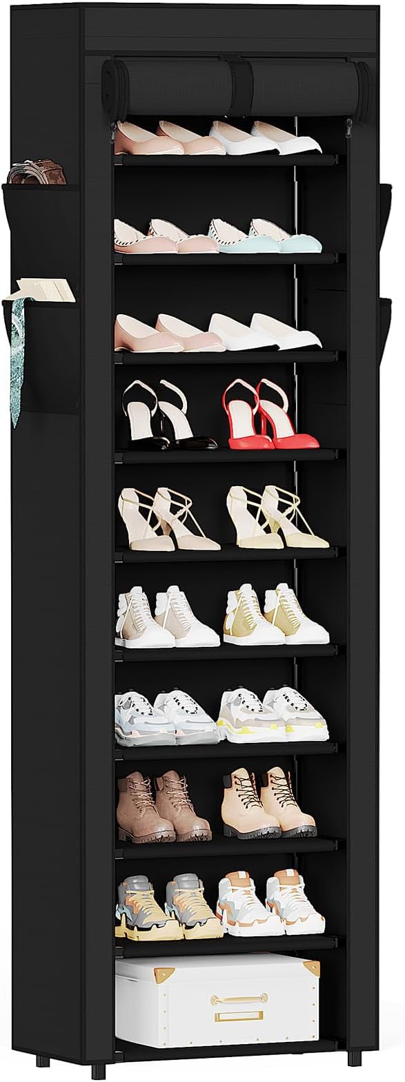 Mavivegue Shoe Rack with Cover, 10 Tier Tall Shoe Organizer for 18-22 Pairs of Shoes, Shoe Organizer with 4 Side Pockets, Shoe Cabinet for Entryway, Closet by Mavivegue