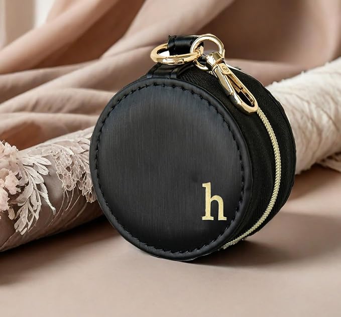 COLLECTIVE HOME - Monogrammed Letter Jewelry Case, Portable Travel Ring Holder Box with Keychain, Personalized Initial Organizer for Earrings Necklaces, Gift for Her (Black-h) - Image 2