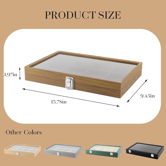 KOOAAICCHI Jewelry Organizer Tray 12 Grid Velvet Jewelry Storage Box with Clear Lid Jewelry Display Case with Lock Bracelet Earring Ring Organizer Showcase Gifts for Girls Women-12 Grid Wooden Brown - Image 6