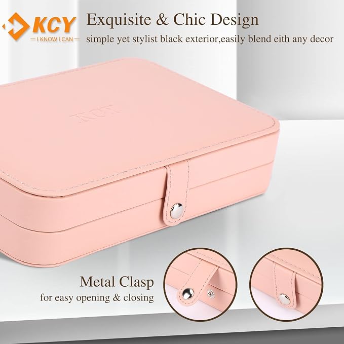 KCY Travel Jewelry Organizer Box for Women Girls, Small Travel Jewelry Case, PU Leather Portable Jewellery Storage Boxes Display Holder for Ring Earrings Necklace Bracelet Bangle, Gifts, Pink - Image 5