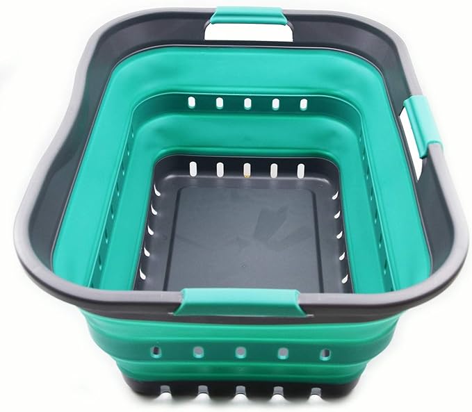 SAMMART 42L (11 gallon) Collapsible Plastic Laundry Basket - Foldable Pop Up Storage Container/Organizer - Space Saving Hamper/Basket (1, Grey/Turquoise Blue) by SAMMART