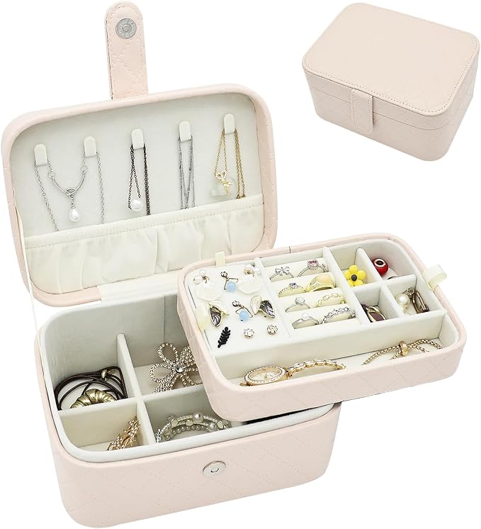 Jewelry Travel Case, 2-Layer Jewelry Box Organizer Medium Jewelry Travel Box, Portable Faux Leather Jewellery Storage Boxes with Argyle for Women, Daily Jewellery Case Home Use (Apricot beige) by Unknown