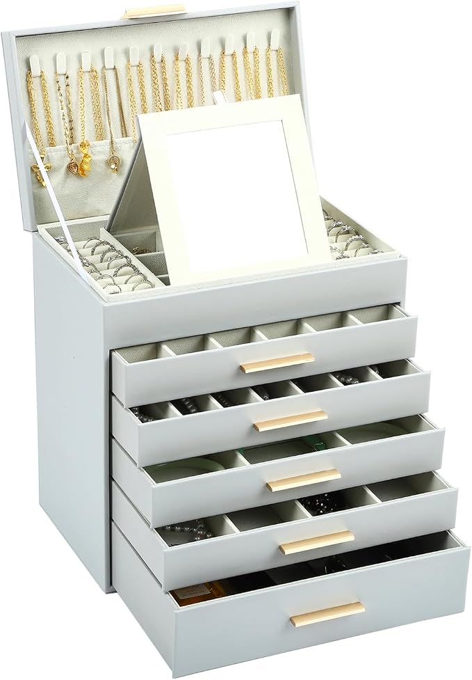 BOOVO Jewelry Boxes for Women, White and Black 6 Layer Large Jewelry Box for Necklace, Bracelet, Earrings, Rings Storage, Jewelry holder Organizer for Girls Gift (Grey and Gold, 6 layer) by BOOVO