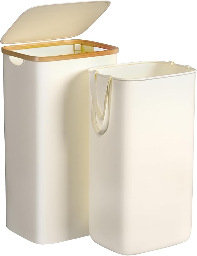 Foluck Large Laundry Hamper, 100L Waterproof Laundry Basket with Lid and Removable Bag, Collapsible Tall Clothes Hamper with Bamboo Handles for Clothes Toys in Dorm Bedroom Bathroom, Beige by Foluck