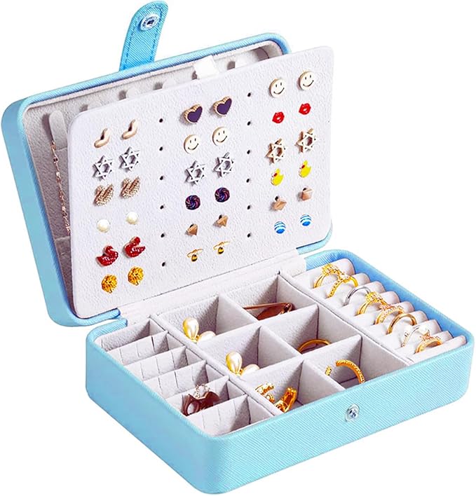 QBestry All-in-One Travel Jewelry Organizer for Women Blue | Small Jewelry Box with 68 Earring Holes | Compact Portable Jewelry Case for Earrings, Rings, Necklaces | Perfect Gifts for Mom Wife Girls by QBestry