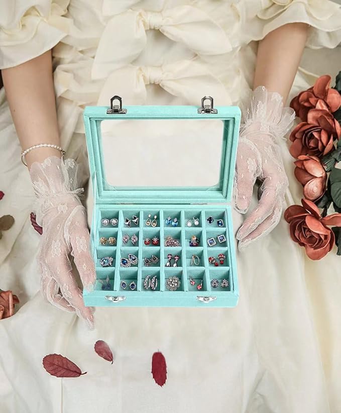 Velvet Jewelry Box 24 Grid Jewelry Earrings Display Organiser Box Ring Tray Holder Earrings Storage Case for Girls Women Wife Mom (Light blue) - Image 5