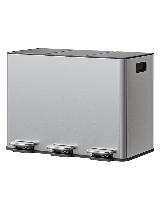 GarveeHome 3-in-1 Stainless Steel Recycling Trash Can, 3 x 4 Gallon (12 Gal Total) Triple Compartment Kitchen Garbage Bin with Soft-Close Step Lid, Hands-Free Waste Sorting for Home, Silver by GarveeHome