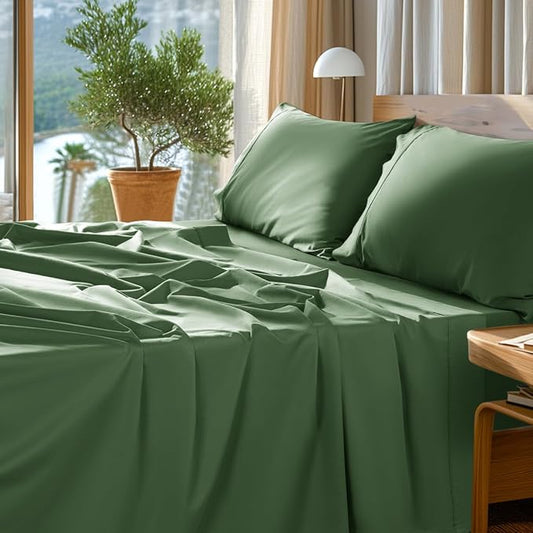 SONORO KATE 100% Egyptian Cotton Sheets Set - 1000 High Thread Count, Luxury 5-Star Hotel Sateen Bed Sheets, Soft, Breathable Long Staple Sheets, Fit up to 16" - 4 PC (Olive Green,Queen)