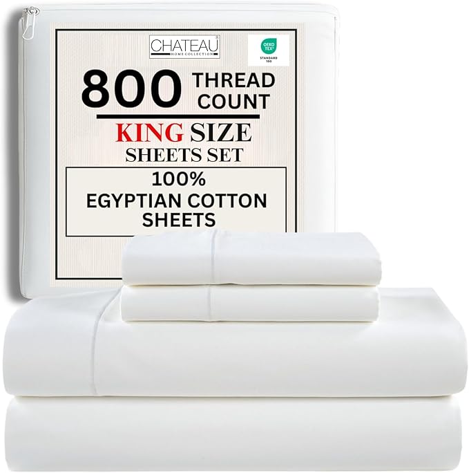 100% Egyptian Cotton Sheets King Size Sheets Set with Fully Elasticated 15" Deep Fitted Sheet & Pillowcase Sets, 800TC Sateen Weave Hotel Collection King Sheet Set, Soft Luxury White Bedding