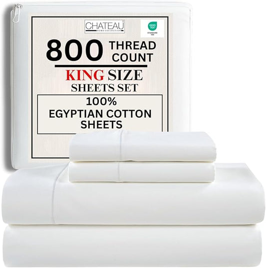 100% Egyptian Cotton Sheets King Size Sheets Set with Fully Elasticated 15" Deep Fitted Sheet & Pillowcase Sets, 800TC Sateen Weave Hotel Collection King Sheet Set, Soft Luxury White Bedding