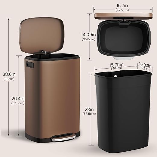 ELPHECO LPHECO Kitchen Trash Can with Lid Soft Close, 13 Gallon / 50L Stainless Steel Pedal Garbage Can, Heavy-Duty Step Wastebasket with 20 Bags, Removable Bucket, Home Office, Kitchen, Brown - Image 8