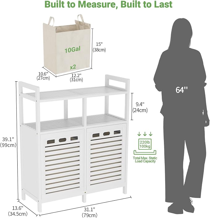 Homykic Tilt Out Laundry Hamper Cabinet, Bamboo Double Laundry Hamper with 2 Removable Laundry Baskets, 20 Gal Laundry Sorter Organizer with Shelf for Dirty Clothes, Bathroom, Laundry Room, White - Image 7
