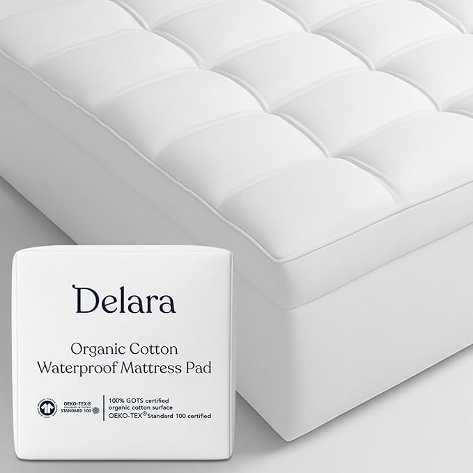 Delara Twin Size Organic Cotton Mattress Pad & Protector – Hypoallergenic Down Alternative Fill, Waterproof Noiseless TPU Protection, Cooling Mattress Topper and Cover