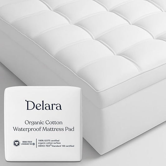 Delara Twin Size Organic Cotton Mattress Pad & Protector – Hypoallergenic Down Alternative Fill, Waterproof Noiseless TPU Protection, Cooling Mattress Topper and Cover
