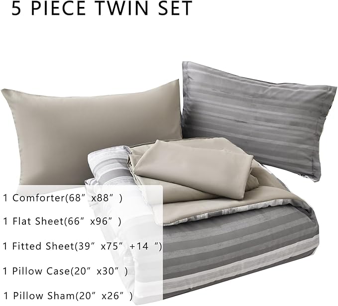 KAKIJUMN 5 Piece Bed in a Bag Stripe Comforter Set Twin Size, White Grey Patchwork Striped Comforter and Sheet Set, All Season Soft Microfiber Complete Bedding Set(Light Grey,Twin)