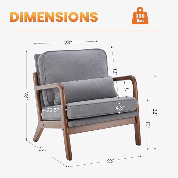 DUMOS Accent Chairs Set of 2,Mid Century Modern Chair with Arms and Waist Cushion, Reading Chairs for Adults, Lounge Chair for Living Room and Bedroom, Solid Wooden Frame,Classic Grey