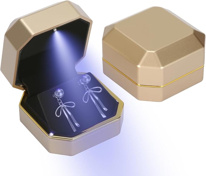 Luxury LED Jewelry Earring Pendant Stud Box, Velvet Earring Necklace Gift Box Storage Case Organizer Holder for Proposal Engagement Wedding Anniversary Birthday Ceremony (Gold) by LETURE