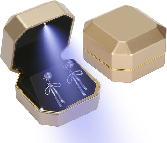 Luxury LED Jewelry Earring Pendant Stud Box, Velvet Earring Necklace Gift Box Storage Case Organizer Holder for Proposal Engagement Wedding Anniversary Birthday Ceremony (Gold) by LETURE