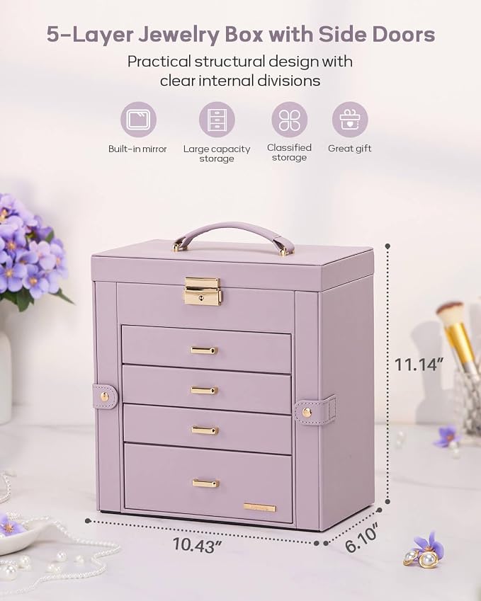 Homde Synthetic Leather Huge Jewelry Box Mirrored Watch Organizer Necklace Ring Earring Storage Lockable Gift Case (Grey Purple + Gold) - Image 2